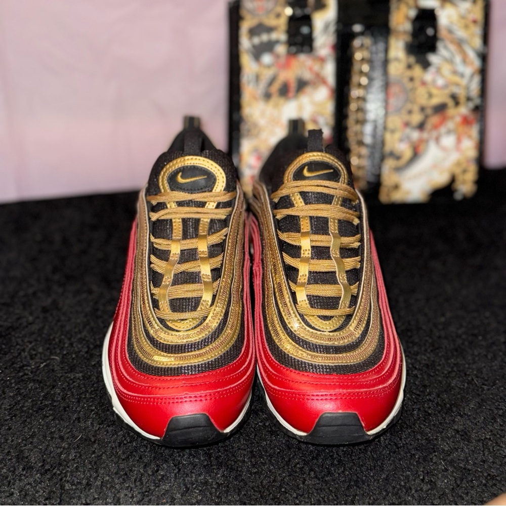 Nike Air Max 97 Red and Metallic Gold Sneakers